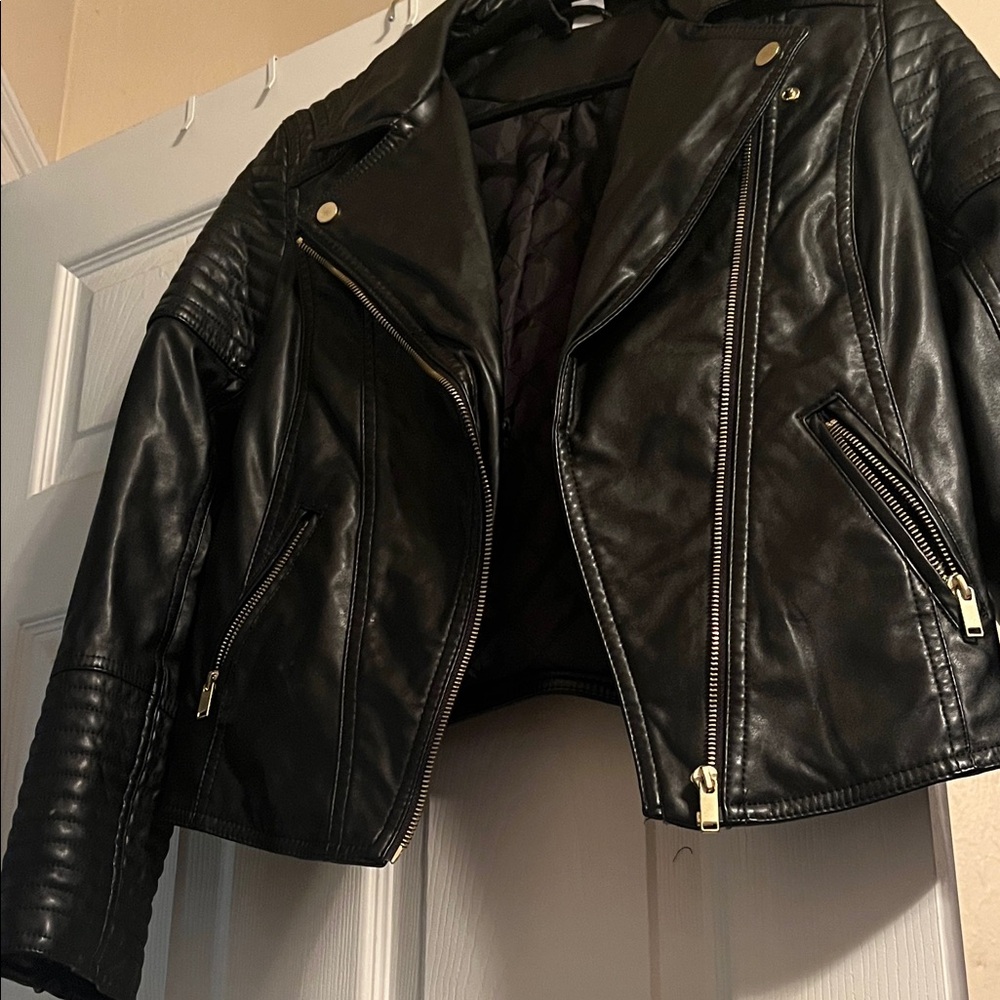 Women's Black Leather Jacket gold zippers